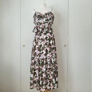 Parker Ruffle Two Piece Set Tiered Midi Skirt Green Pink Floral Print Size 6